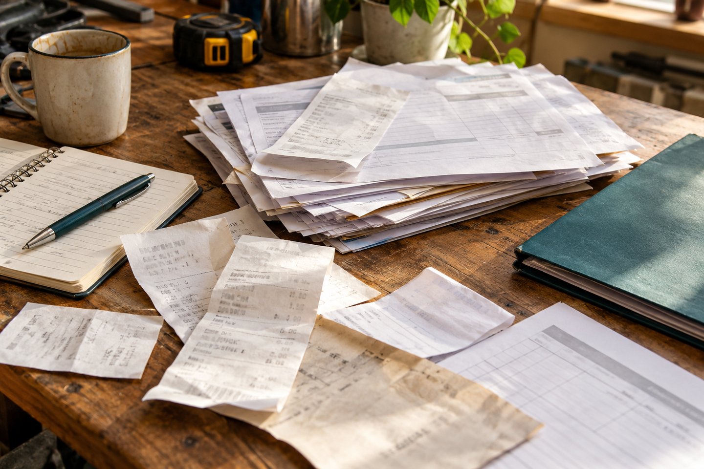 Loose receipts and paperwork spread across a busy workshop desk