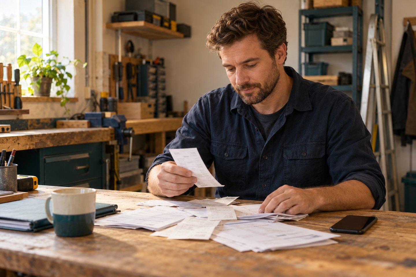 A tradesperson sorting receipts and job paperwork at a workbench